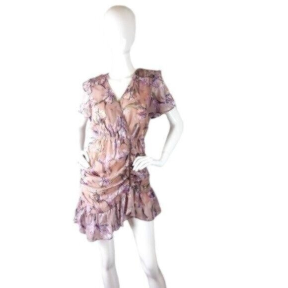 Foxiedox Lilac Ruched Asymmetrical Ruffle Trim Dress Size 4 - Picture 1 of 5